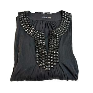 Magaschoni Black Embellished Beaded Neck Tunic Top Size 10